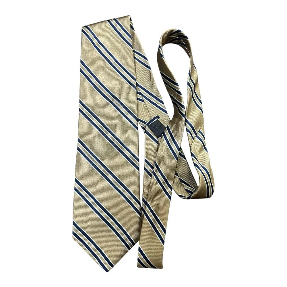 Brooks Brothers 346 100% Pure Silk Tie Gold And Navy‎ Blue Striped